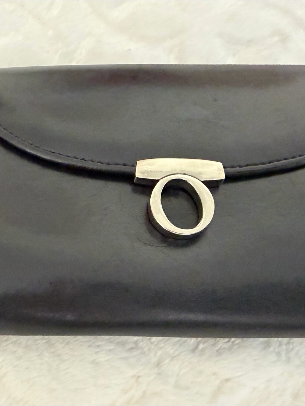 Oroton Black Leather Clutch with Silver O-Ring Hardware